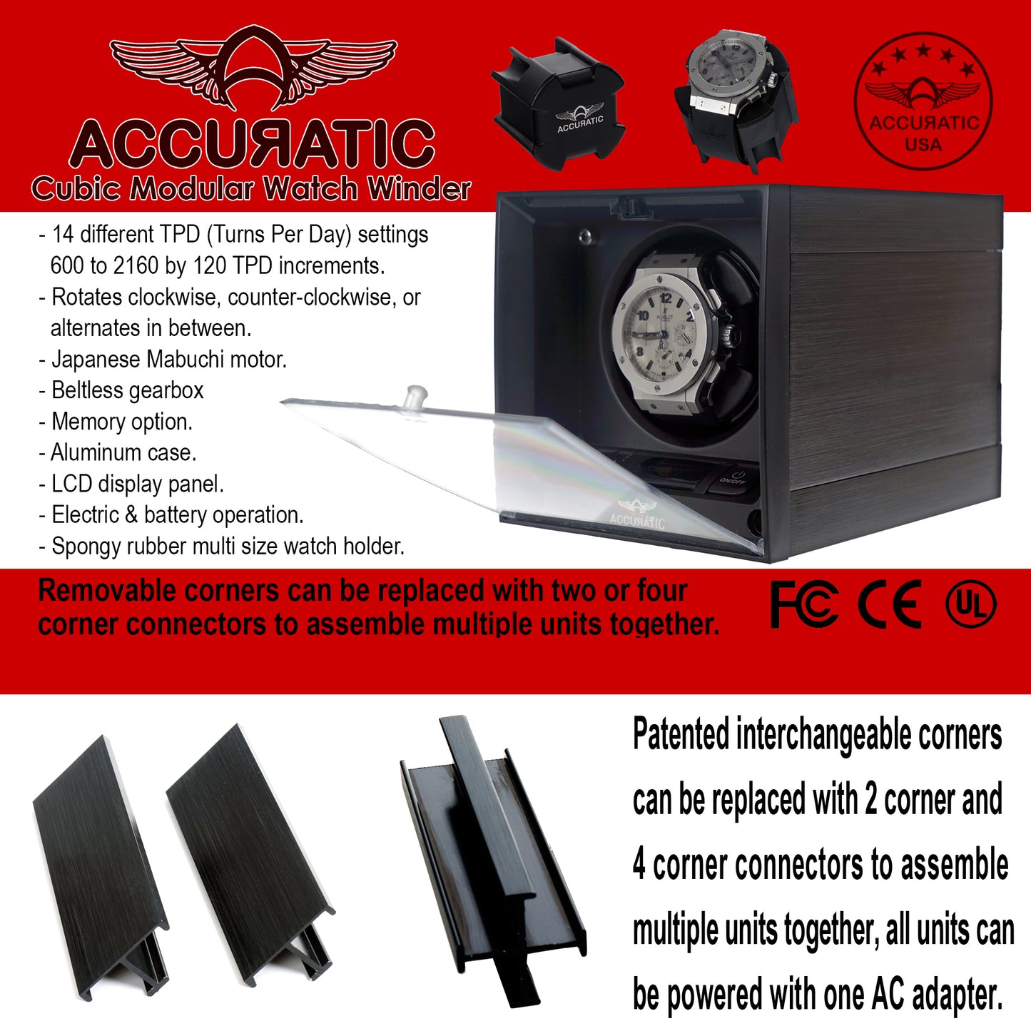 Accuratic Cubic Expandable Modular Watch Winder with 14 Different TPD Settings